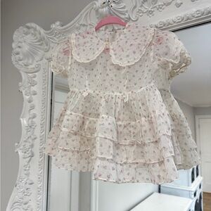 Vintage Ruffled Floral Baby Dress in Cream with Pink Flowers
